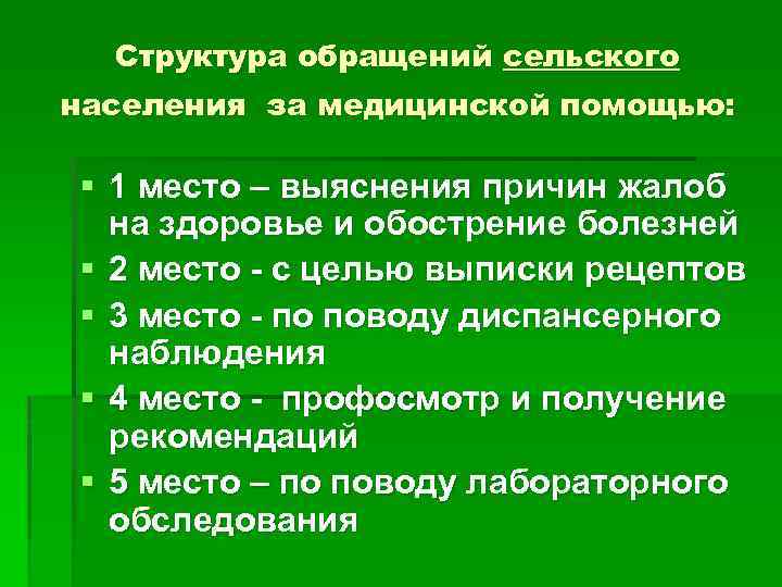 Структура обращений сельского населения за медицинской помощью: § 1 место – выяснения причин жалоб