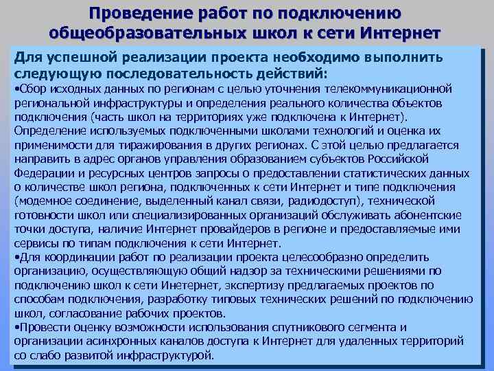 Проведение работ по подключению общеобразовательных школ к сети Интернет Для успешной реализации проекта необходимо
