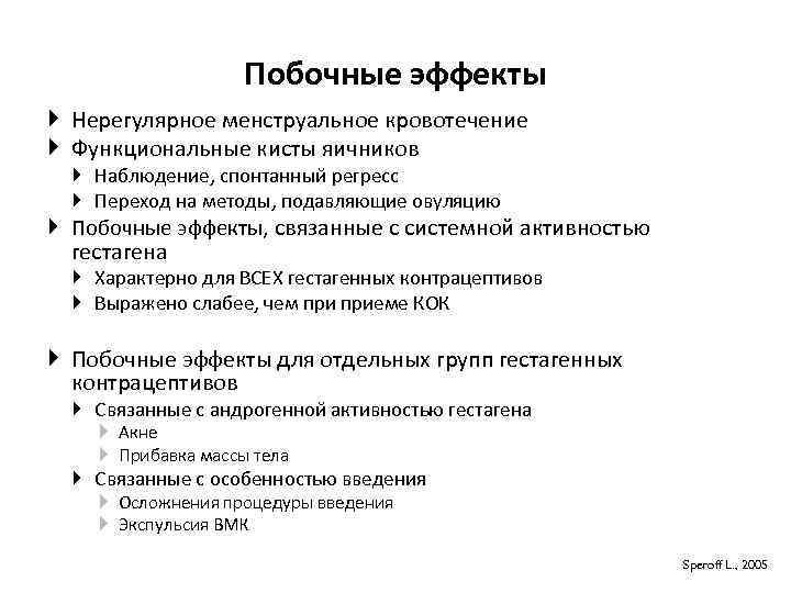 Побочные эффекты Нерегулярное менструальное кровотечение Функциональные кисты яичников Наблюдение, спонтанный регресс Переход на методы,
