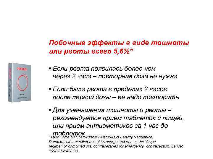 Эскапел – отличная переносимость Побочные эффекты в виде тошноты или рвоты всего 5, 6%*