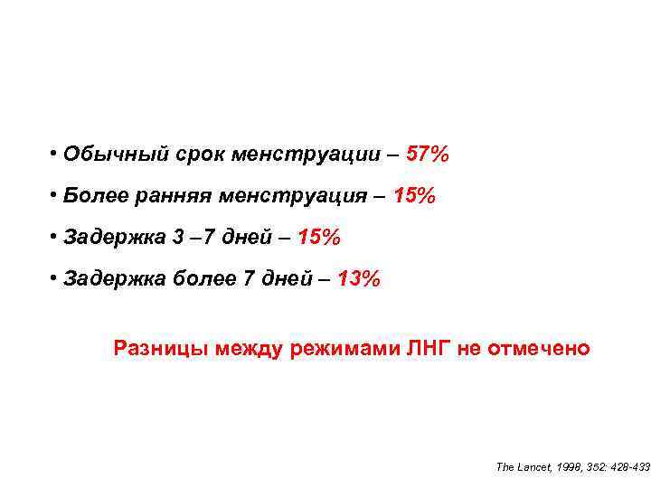 Сроки наступления менструации после ЭК • Обычный срок менструации – 57% • Более ранняя