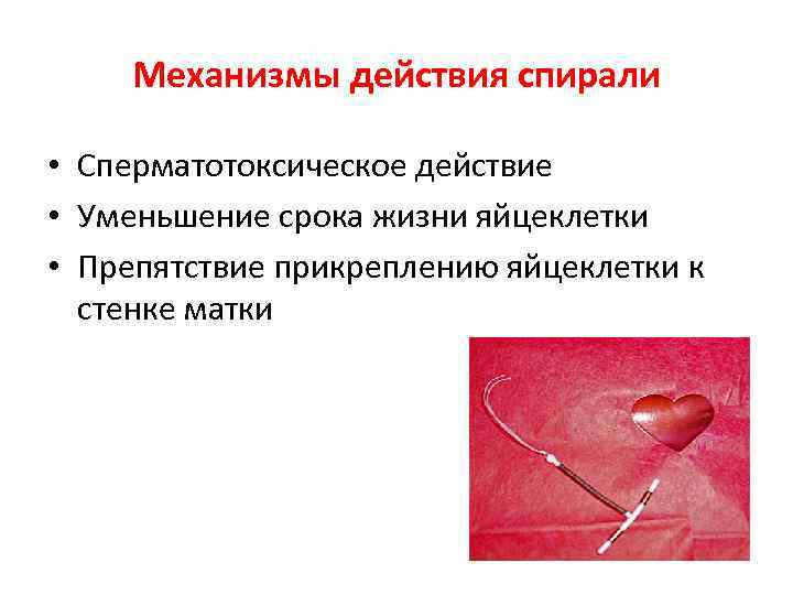 Механизмы действия спирали • Сперматотоксическое действие • Уменьшение срока жизни яйцеклетки • Препятствие прикреплению