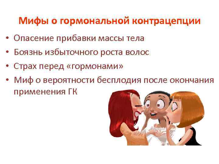 Мифы о гормональной контрацепции • • Опасение прибавки массы тела Боязнь избыточного роста волос