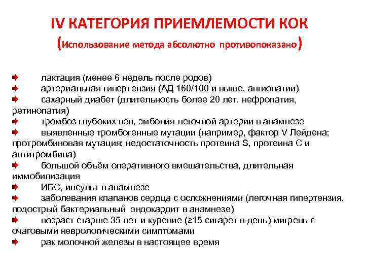 IV КАТЕГОРИЯ ПРИЕМЛЕМОСТИ КОК (Использование метода абсолютно противопоказано) лактация (менее 6 недель после родов)