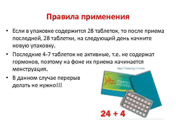 Правила применения • Если в упаковке содержится 28 таблеток, то после приема последней, 28
