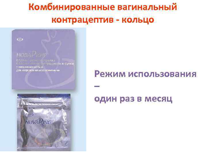 Комбинированные вагинальный контрацептив - кольцо Режим использования – один раз в месяц 