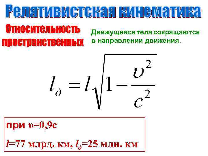 Движущиеся тела сокращаются в направлении движения. при υ=0, 9 с l=77 млрд. км, lд=25