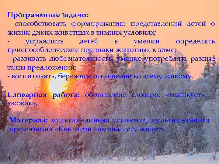 Программные задачи: - способствовать формированию представлений детей о жизни диких животных в зимних условиях;