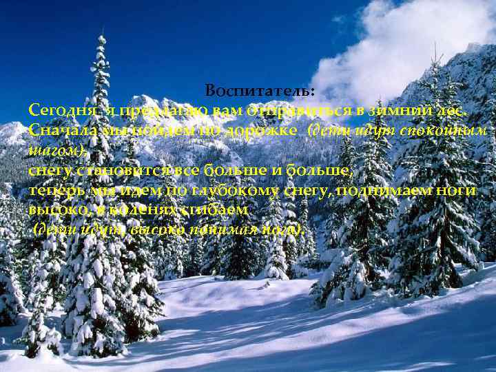 Воспитатель: Сегодня я предлагаю вам отправиться в зимний лес. Сначала мы пойдем по дорожке