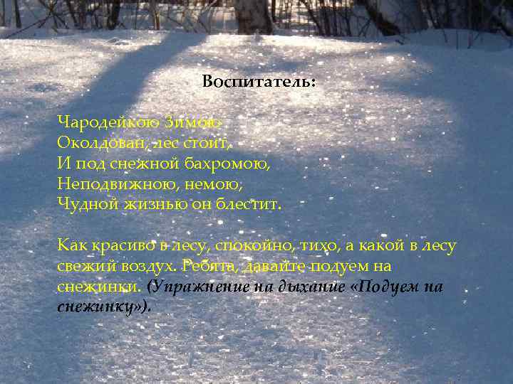 Воспитатель: Чародейкою Зимою Околдован, лес стоит, И под снежной бахромою, Неподвижною, немою, Чудной жизнью