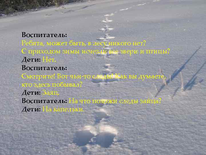 Воспитатель: Ребята, может быть, в лесу никого нет? С приходом зимы исчезли все звери