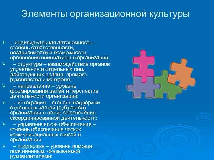 Элементы организационной культуры Ø Ø Ø – индивидуальная автономность – степень ответственности, независимости и
