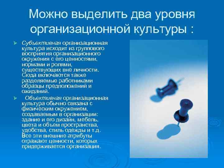 Можно выделить два уровня организационной культуры : Субъективная организационная культура исходит из группового восприятия