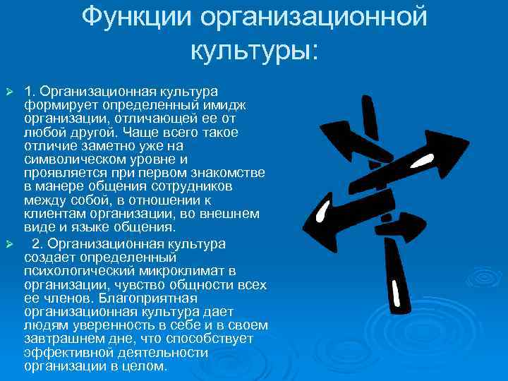 Функции организационной культуры: 1. Организационная культура формирует определенный имидж организации, отличающей ее от любой