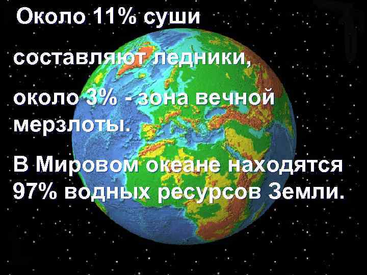 Около 11% суши составляют ледники, около 3% - зона вечной мерзлоты. В Мировом океане