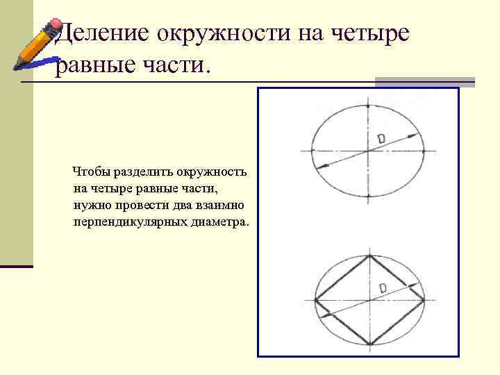Деление окружности на четыре равные части. Чтобы разделить окружность на четыре равные части, нужно