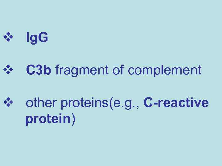 v Ig. G v C 3 b fragment of complement v other proteins(e. g.