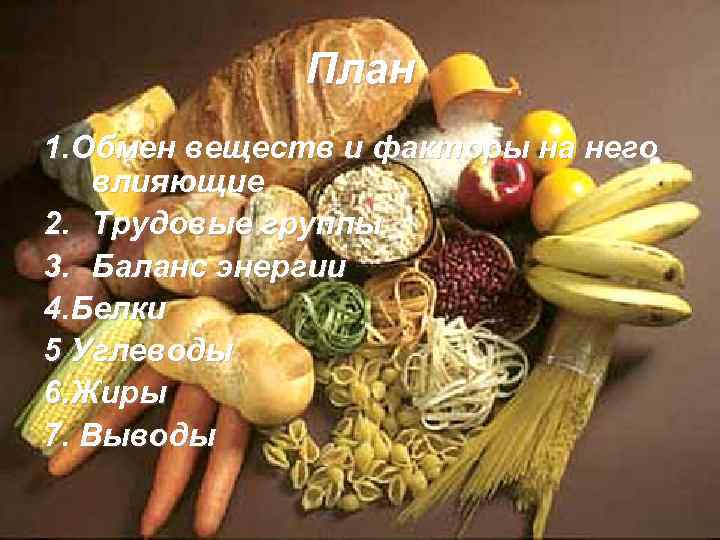План 1. Обмен веществ и факторы на него влияющие 2. Трудовые группы 3. Баланс