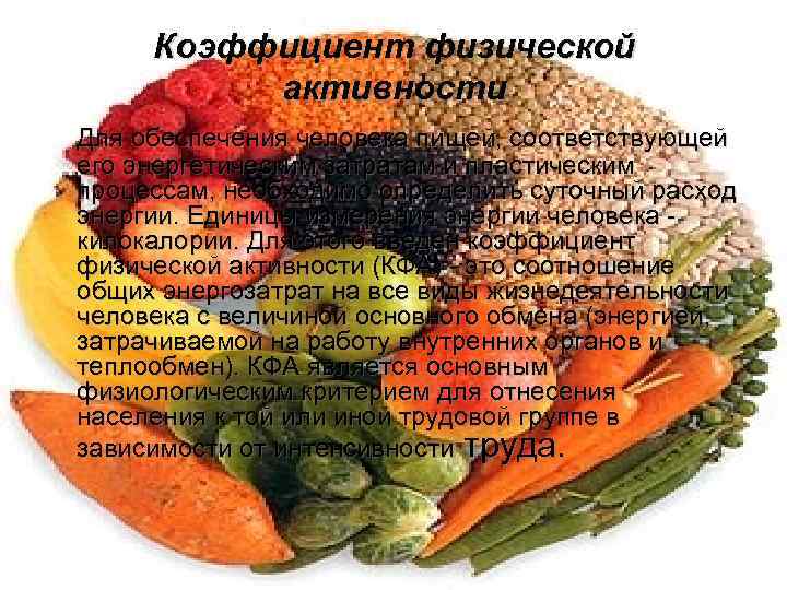 Коэффициент физической активности Для обеспечения человека пищей, соответствующей его энергетическим затратам и пластическим процессам,