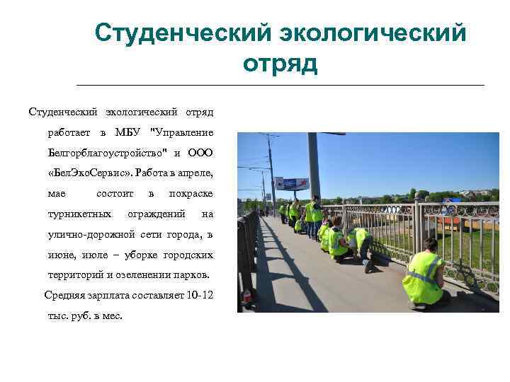 Студенческий экологический отряд работает в МБУ "Управление Белгорблагоустройство" и ООО «Бел. Эко. Сервис» .