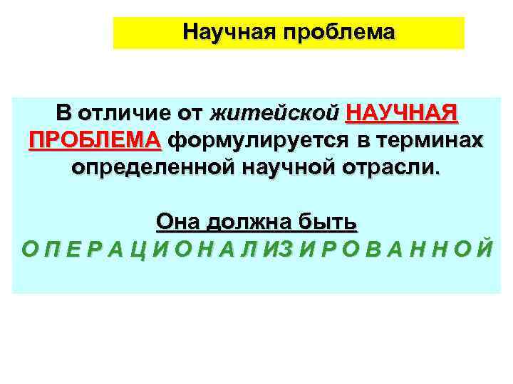 Научная проблема В отличие от житейской НАУЧНАЯ ПРОБЛЕМА формулируется в терминах определенной научной отрасли.