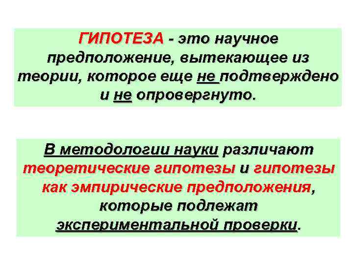 ГИПОТЕЗА - это научное предположение, вытекающее из теории, которое еще не подтверждено и не