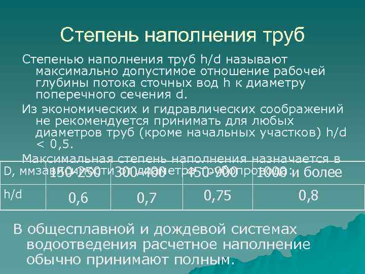 Назовите максимальное. Степень наполнения трубопровода. Степень заполнения трубы. Расчетное наполнение трубопровода. Минимальные диаметры и степень наполнения труб канализационной сети.