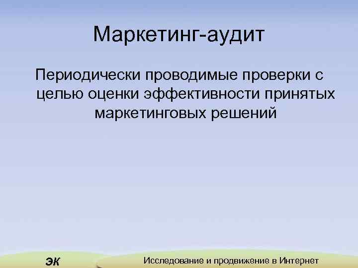 Маркетинг аудит Периодически проводимые проверки с целью оценки эффективности принятых маркетинговых решений ЭК Исследование