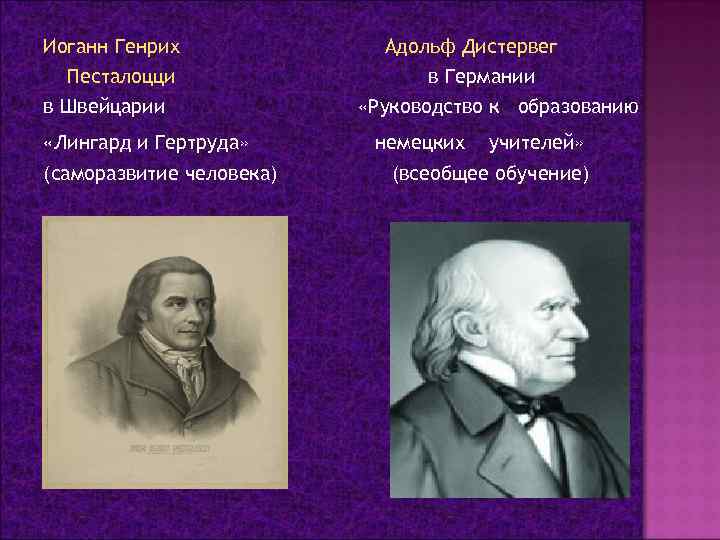 Иоганн Генрих Песталоцци в Швейцарии «Лингард и Гертруда» (саморазвитие человека) Адольф Дистервег в Германии