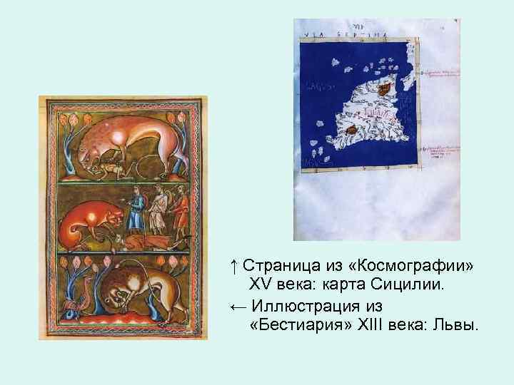 ↑ Страница из «Космографии» XV века: карта Сицилии. ← Иллюстрация из «Бестиария» XIII века: