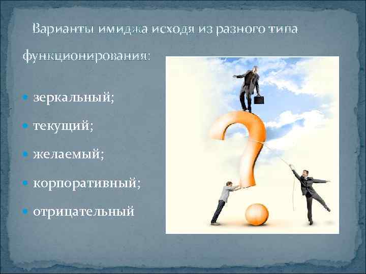 Варианты имиджа исходя из разного типа функционирования: зеркальный; текущий; желаемый; корпоративный; отрицательный 
