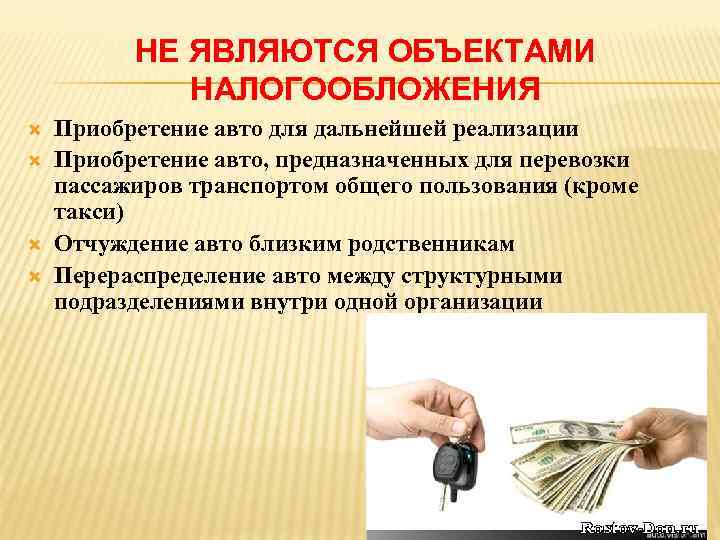 НЕ ЯВЛЯЮТСЯ ОБЪЕКТАМИ НАЛОГООБЛОЖЕНИЯ Приобретение авто для дальнейшей реализации Приобретение авто, предназначенных для перевозки