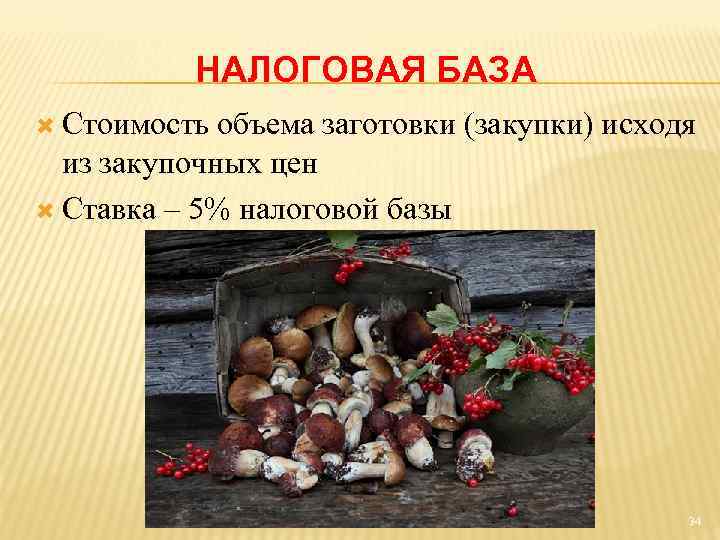 НАЛОГОВАЯ БАЗА Стоимость объема заготовки (закупки) исходя из закупочных цен Ставка – 5% налоговой
