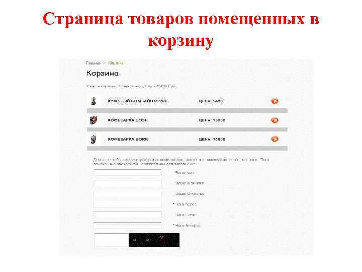 Страница товаров помещенных в корзину 