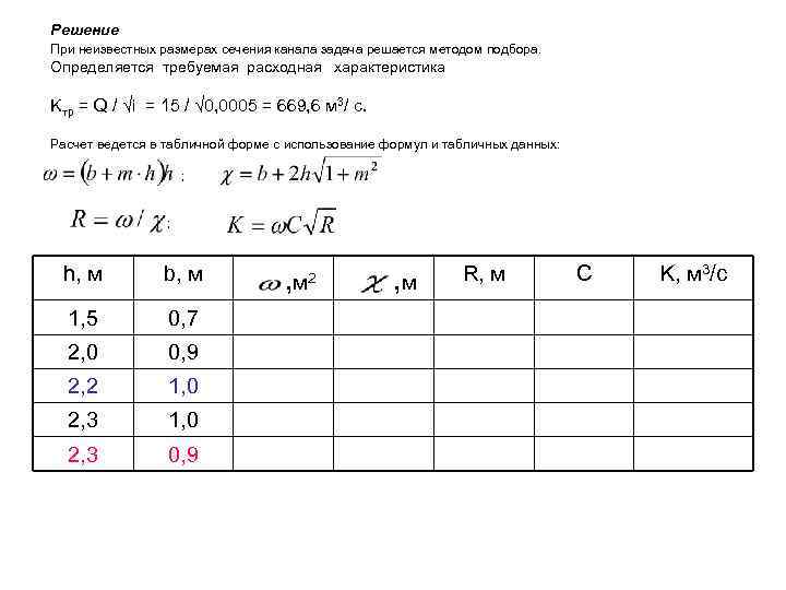 Решение При неизвестных размерах сечения канала задача решается методом подбора. Определяется требуемая расходная характеристика