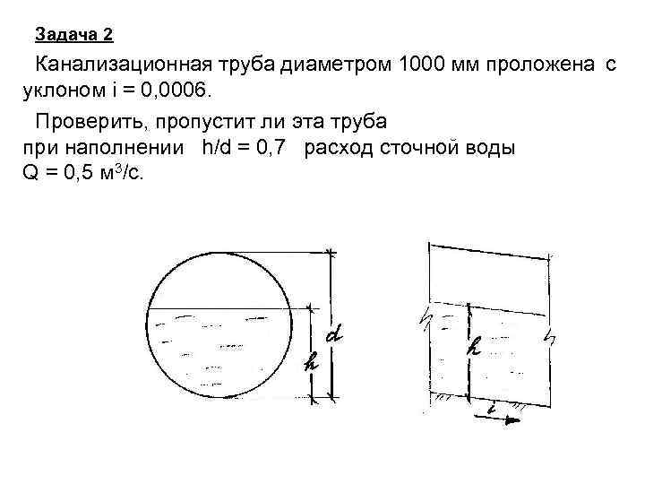 Задача 2 Канализационная труба диаметром 1000 мм проложена с уклоном i = 0, 0006.
