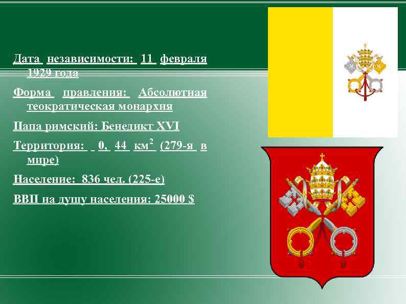 Дата независимости: 11 февраля 1929 года Форма правления: Абсолютная теократическая монархия Папа римский: Бенедикт