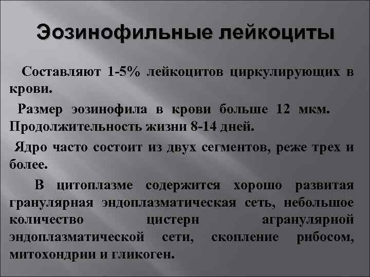 Эозинофильные лейкоциты Составляют 1 -5% лейкоцитов циркулирующих в крови. Размер эозинофила в крови больше