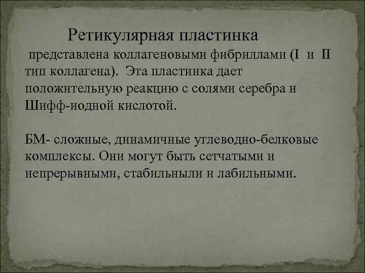  Ретикулярная пластинка представлена коллагеновыми фибриллами (I и II тип коллагена). Эта пластинка дает