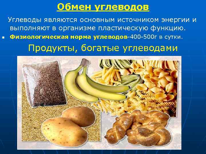 Обмен углеводов Углеводы являются основным источником энергии и выполняют в организме пластическую функцию. n
