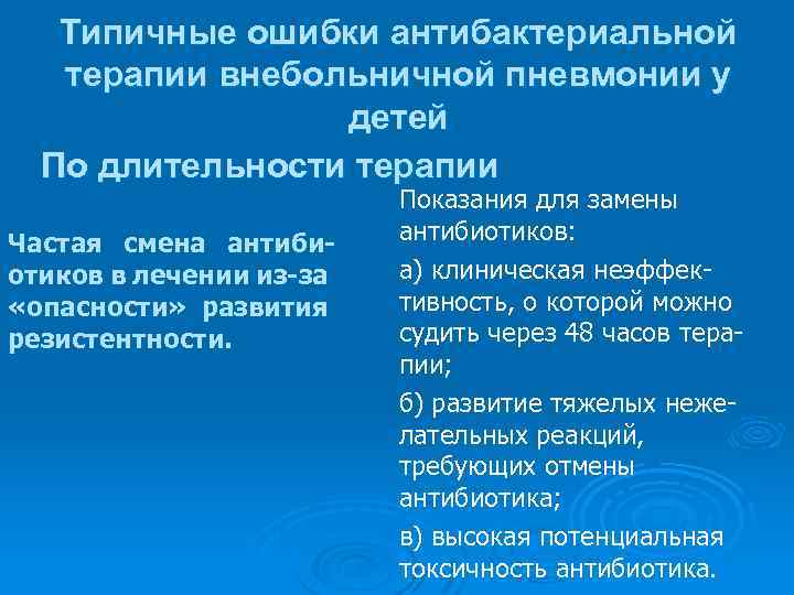 Типичные ошибки антибактериальной терапии внебольничной пневмонии у детей По длительности терапии Частая смена антибиотиков