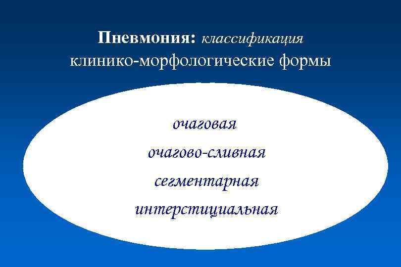 Пневмония: классификация клинико-морфологические формы очаговая очагово-сливная сегментарная интерстициальная 