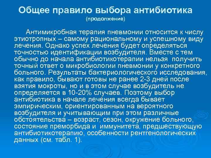 Общее правило выбора антибиотика (продолжение) Антимикробная терапия пневмонии относится к числу этиотропных – самому
