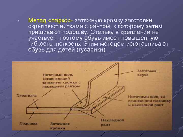 1. Метод «парко» - затяжную кромку заготовки скрепляют нитками с рантом, к которому затем