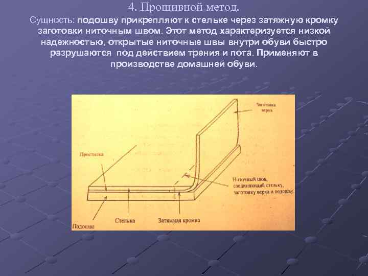4. Прошивной метод. Сущность: подошву прикрепляют к стельке через затяжную кромку заготовки ниточным швом.