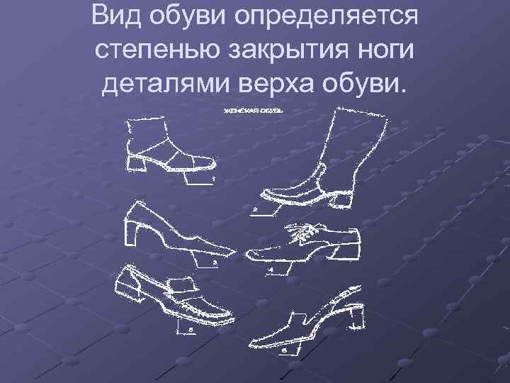 Вид обуви определяется степенью закрытия ноги деталями верха обуви. 