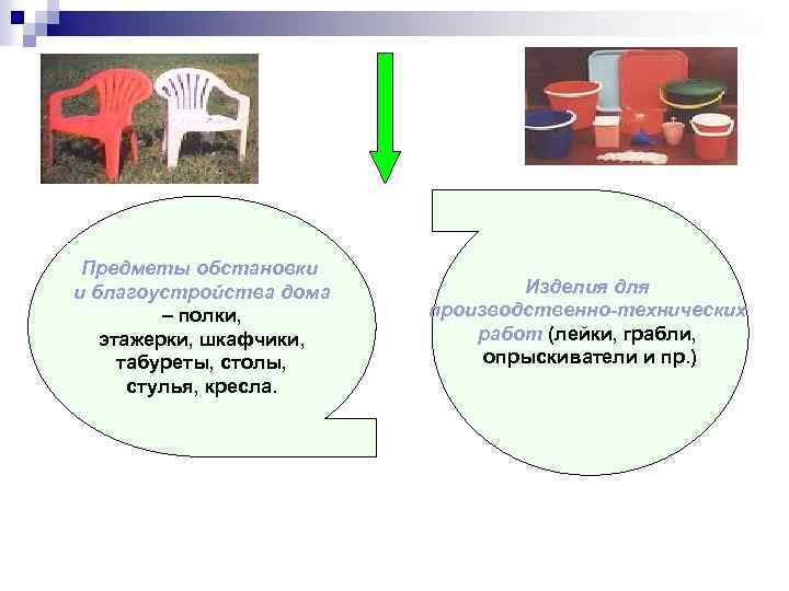 Предметы обстановки и благоустройства дома – полки, этажерки, шкафчики, табуреты, столы, стулья, кресла. Изделия