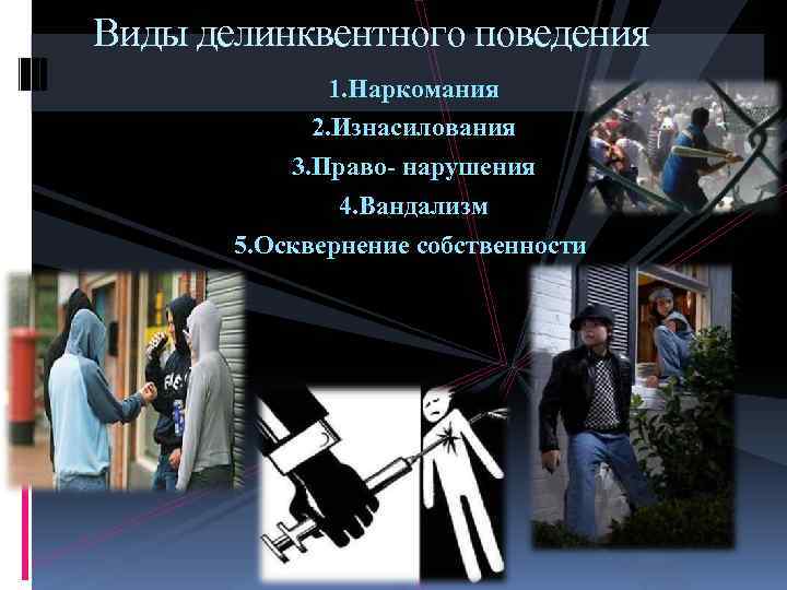 Виды делинквентного поведения 1. Наркомания 2. Изнасилования 3. Право нарушения 4. Вандализм 5. Осквернение