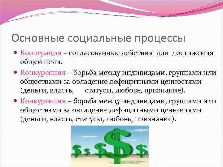 Основные социальные процессы Кооперация – согласованные действия для достижения общей цели. Конкуренция – борьба