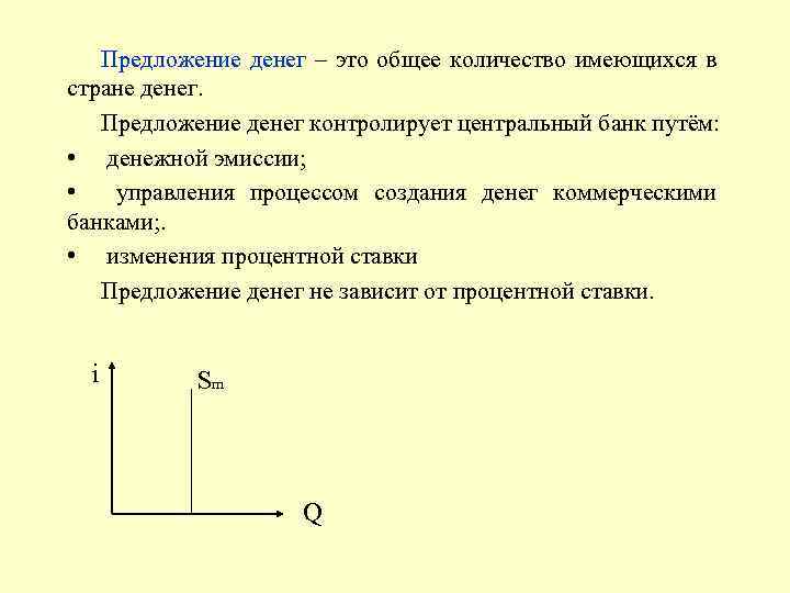 Предложение денег – это общее количество имеющихся в стране денег. Предложение денег контролирует центральный